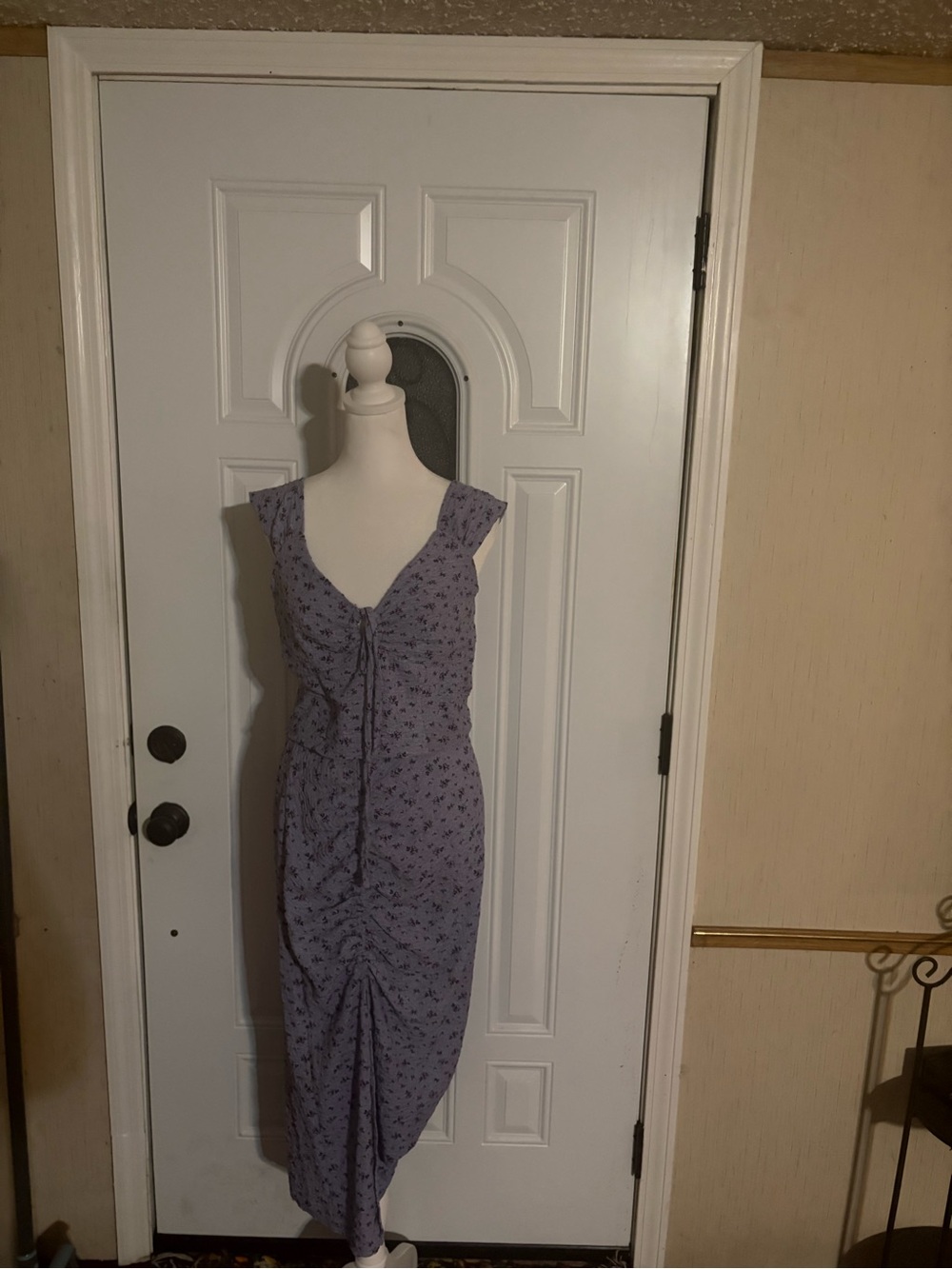 Ruched Lavender Floral Midi Dress with Front Tie - Women